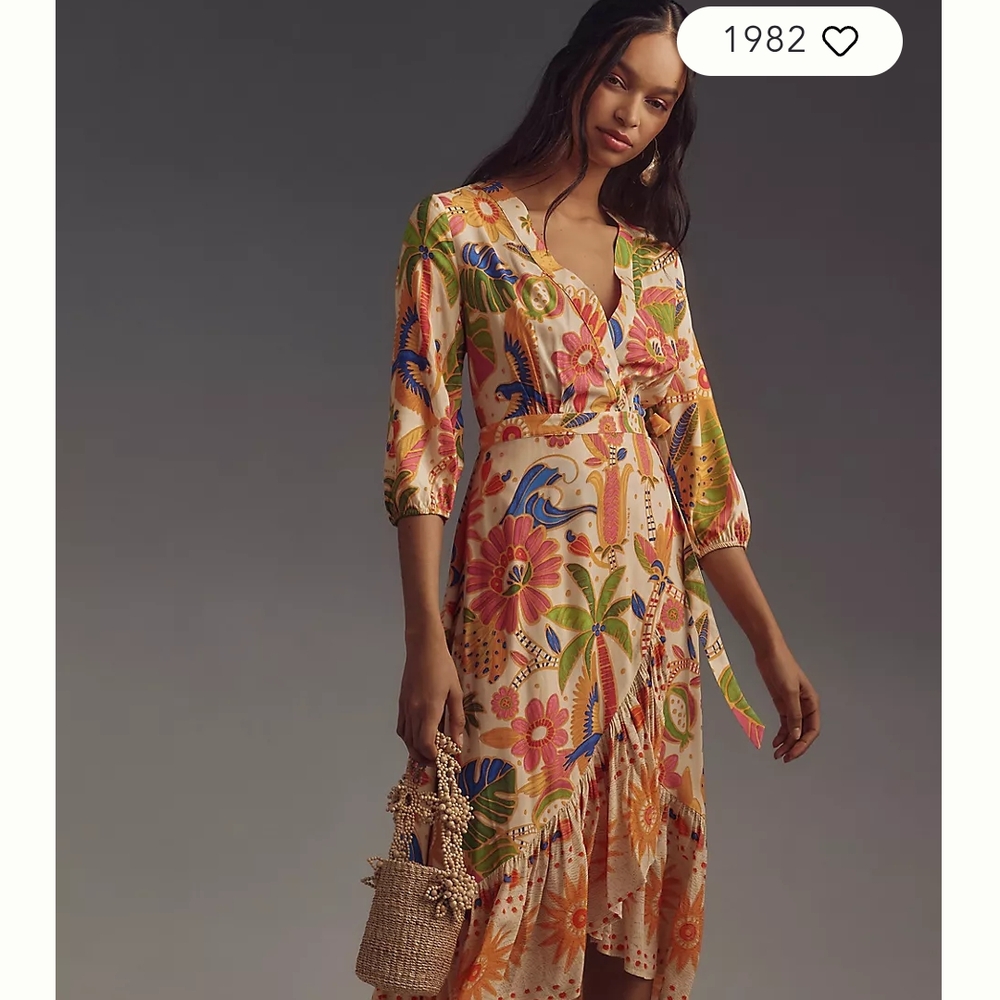 Anthropologie Tropical Print Maxi Dress in Pink and Blue